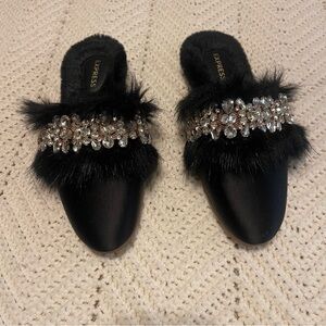Express Satin FauxFur lined embellished slippers